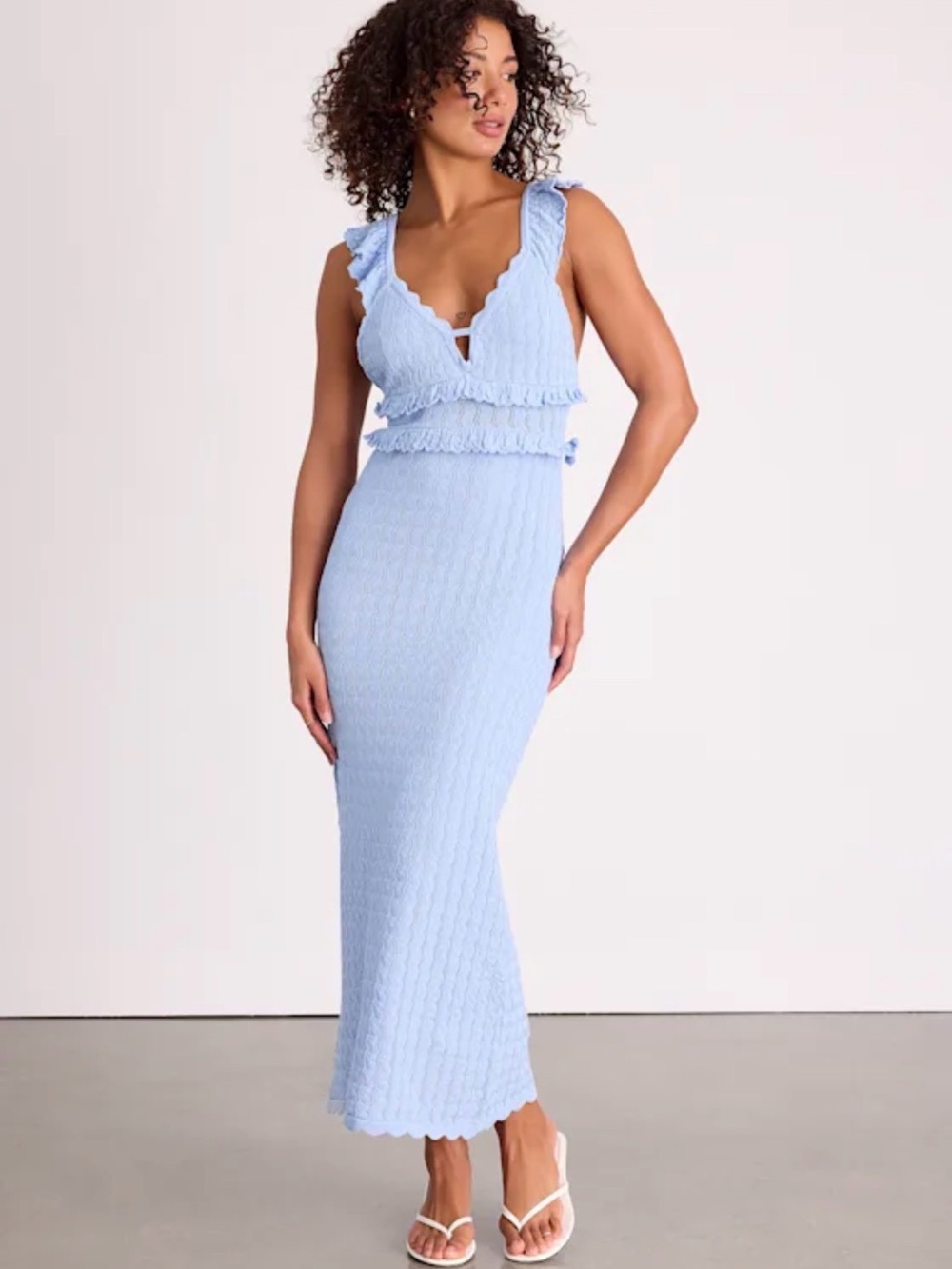 Lulus Faylis Light Blue Crochet Ruffled Lace-up Midi Dress - Size M